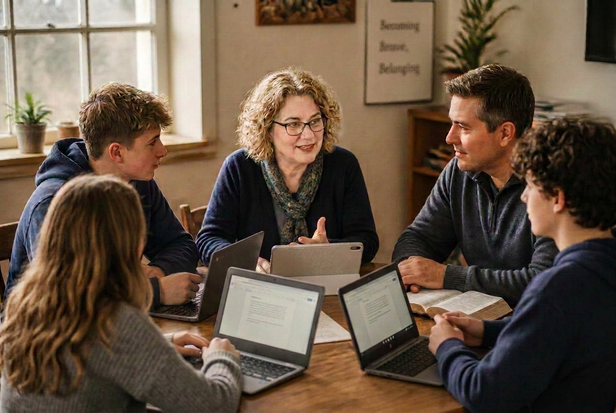 Parents and teenage students in conversation around a table with laptops, a tablet, and an open Bible